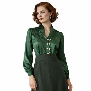 1920s 1930s Vintage Art Deco Bishop Sleeve Piece Emerald Green Dress